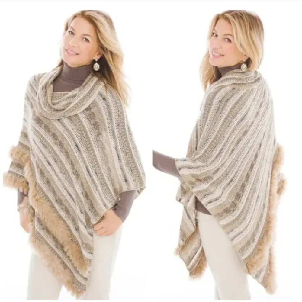 Chico's Women's Tilly Faux Fur Trimmed Turtleneck Poncho Tan Size‎ L/XL